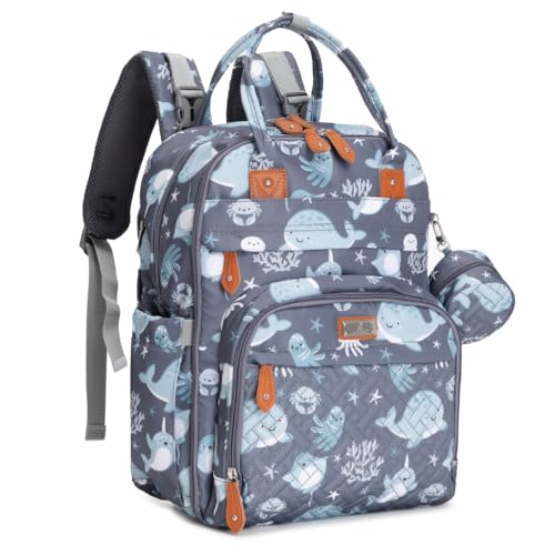BabbleRoo Diaper Bag Backpack - Baby Essentials Travel Tote - Multi Function Water Resistant Diaper Bag, Travel Essentials Baby Bag with Changing Pad, Stroller Straps & Pacifier Case - Sea Animals - color: Sea Animals, size: Large