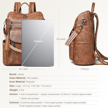 Shrrie Laptop Backpack for Women 15.6 inch,Travel Leather Backpack Purse Nurse Teacher Carry on Backpack Computer Bag,Professional Water-Resistant College Business Work Casual Daypack,Two-toned Brown - color: Two-toned Brown