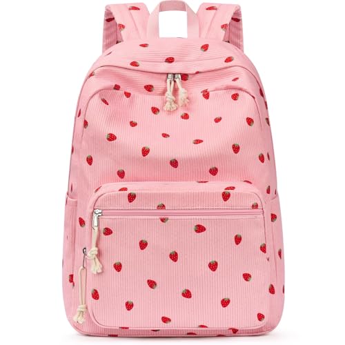 mibasies School Backpack for Girls with Laptop Sleeve: 18IN Large Capacity Corduroy Bookbag for Primary Middle School/College, Travel Daypack for Teens Women - Red Strawberry - color: Red Strawberry
