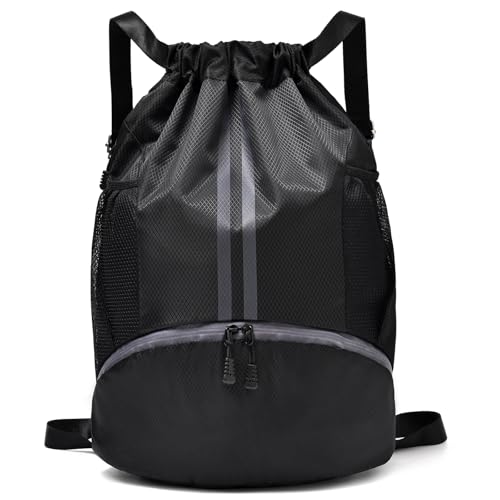LOKAPEGY Black Drawstring Gym Bag for Men, Waterproof Drawstring Backpack for Women, Swim Bag with Shoes Compartment, Pull String Sport Bag for Soccer and Basketball. - color: Black