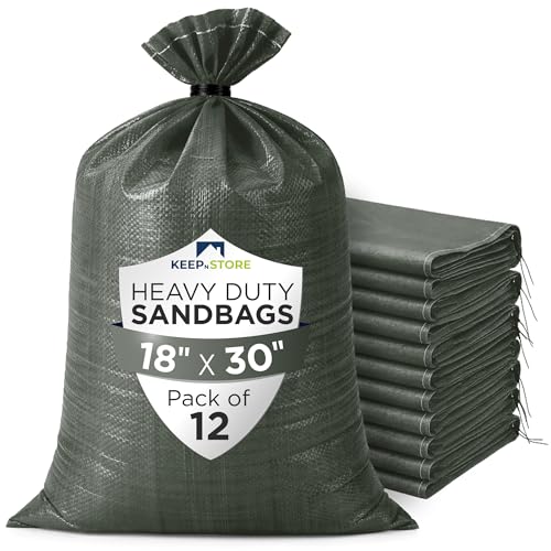 Heavy Duty Sand Bags Pack of 12, Army Green Empty Sandbags with Built-In Ties, Woven Polypropylene UV Protection 1600 Hours, Fillable Bags for Flood Control, Weight, 18x30 inches, 75 Pounds Volume - size: 18"W x 30"L, style: Pack of 12