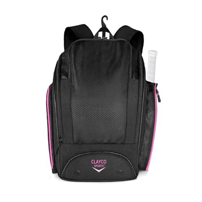 Personalized Pickleball Backpack - Large Pickle Ball Bag with Shoe Compartment, Fence Hook, Paddle Holder - Gifts for Men & Women - color: Black and Pink