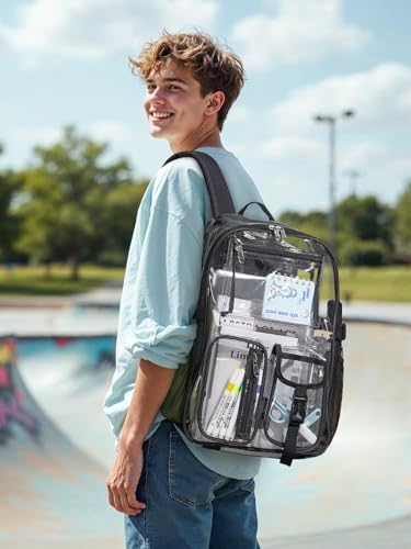 Clear Backpack Heavy Duty for Women Men Boys Girls, Large Clear Bookbag See Through Backpack for School College - color: 13-1#black-3m Reflective Strips