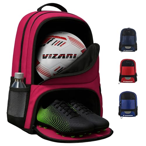 Vizari Soccer Backpack Soccer Bag | Water resistant Durable Equipment Bag for Football, Basketball, Volleyball | Cleats and Ball Compartment - Red,Blue,Pink,Black - color: Black/Neon Pink