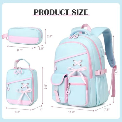 DIGOBAY Backpacks for Girls - 3PCS Girls Backpack with Lunch Box & Pencil Pouch School Backpacks for Elementary Middle High College School Bookbag for Teen Girl Kids Students Aquamarine-pink - color: Aquamarine-pink