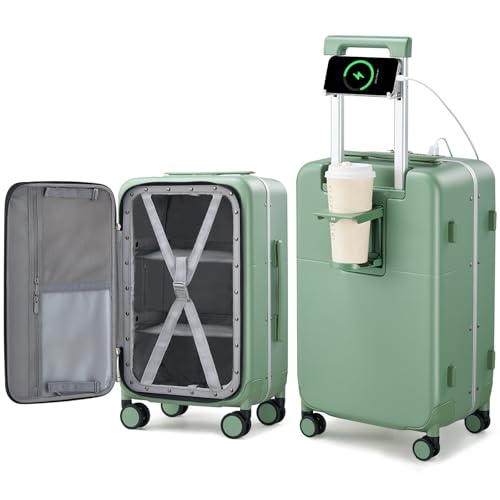 Hanke 28 Inch Checked Luggage with Cup Holder and USB Ports, Top Opening Hard Shell Suitcase with Wheels, Aluminum Frame Large Trunk Luggage with Foldable Divider & TSA Lock for Travel, Forest Green - color: Forest Green, size: 28 Inch