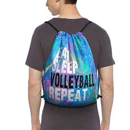 Drawstring Backpack Gym String Bag Sports Drawstring Sackpack For Women Men - color: Eat Sleep Volleyball Repeat