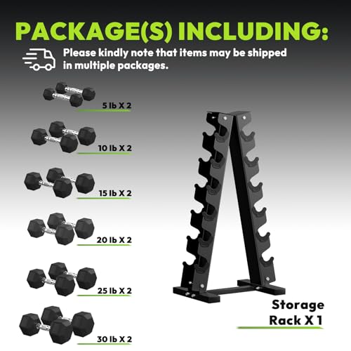 HANDBODE Rubber Coated Hex Dumbbell Set with A-Frame Rack, 100 lb - 600 lb Multiple Options Weight, Hexagon Non-Rolling Shape, Ergonomic Knurled Handle, Home Gym Equipment for Strength Training - style: 210 lb Set (Pair of 5, 10, 15, 20, 25, 30 lb) & Rack