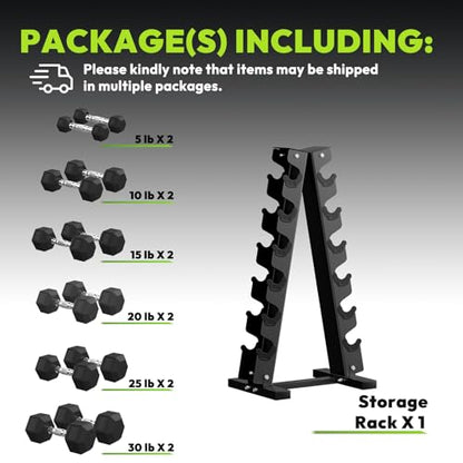 HANDBODE Rubber Coated Hex Dumbbell Set with A-Frame Rack, 100 lb - 600 lb Multiple Options Weight, Hexagon Non-Rolling Shape, Ergonomic Knurled Handle, Home Gym Equipment for Strength Training - style: 210 lb Set (Pair of 5, 10, 15, 20, 25, 30 lb) & Rack
