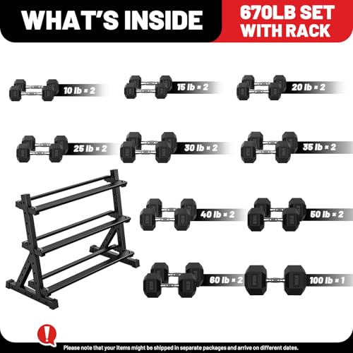PAPABABE Hex Dumbbell Set with Rack, Rubber Encased Free Weight with Weight Storage Racks, Multiple Weight Options for Home Gym and Fitness - style: 670LB with 3-Tier Weight Rack