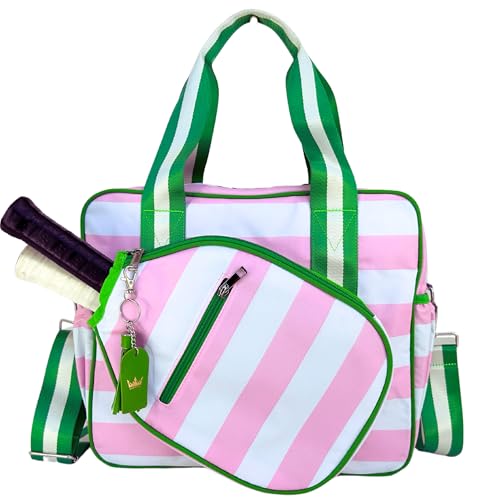 Cute Prepster Pickleball Bag for Women with Fence Hook, Tote with Pockets for Water Bottle, Paddles, Balls, Accessories - color: Pink Stripe Pasadena