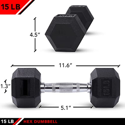 JFIT Rubber Hex Dumbbell - style: 15lb (Single)