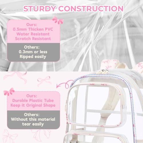 Sisipoet Clear Backpack for Girls with Bow Print, Heavy Duty Transparent Bookbag for School, Stadium, and Concert, Beige - color: White/Bow