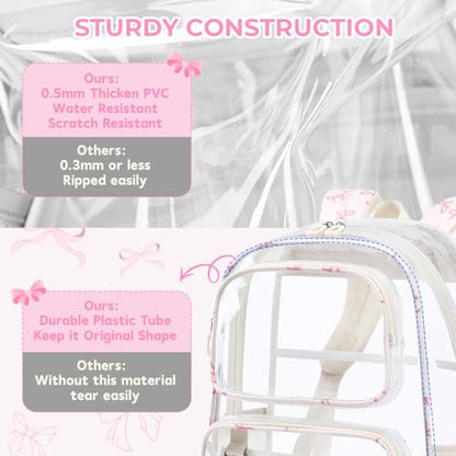 Sisipoet Clear Backpack for Girls with Bow Print, Heavy Duty Transparent Bookbag for School, Stadium, and Concert, Beige - color: White/Bow