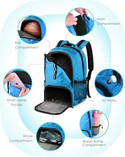 BROTOU Basketball Backpack, Large Basketball Bag with Shoes and Ball Compartment, Soccer Backpacks for Basketball/Volleyball - color: Lake Blue