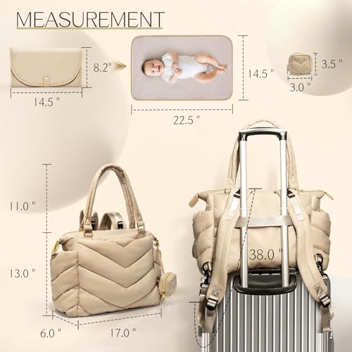 Diaper Bag Tote, Diaper Bag Backpack,Puffer Tote Bag with Pacifier Case, Lightweight Mommy for Hospital, Puffy with 10 Pockets, Convertible Baby for Travel, Apricot - color: Apricot