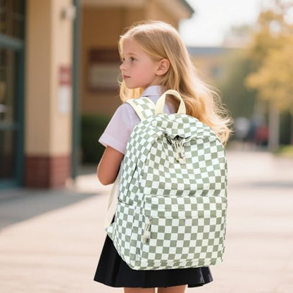 LEDAOU Backpack for Girls School Bag Kids Bookbag Teen Backpack Set Daypack with Lunch Bag and Pencil Case | Kids - color: K- Green Checkered