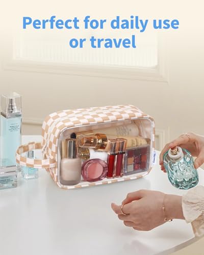 Narwey Clear Toiletry Bags for Traveling Women Men, Clear Travel Bags for Toiletries Makeup Bag Cosmetic Bag with Zipper, Make Up Organizer, Skincare Bag (Light Brown Checkerboard) - color: Y-Light Brown Checkerboard