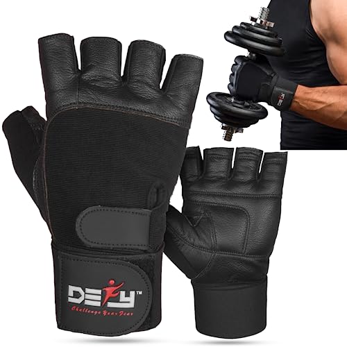 DEFY Padded Weight Lifting Gloves with 13" Long Wrist Wrap Genuine Leather Gym Gloves for Power Lifting, Cross Training, Workout Black - size: Medium