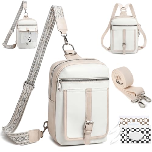 MYHOZEE Small Diaper Bag Crossbody Sling Purse for Women - 2 in 1 Leather Backpack with 2 Straps for Short Trips Work Daily | Mini diaper bag - color: White and Apricot