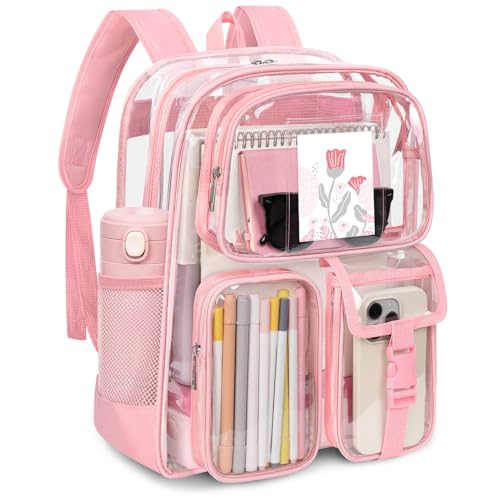 Attmu Clear Backpack for Stadium Events, Heavy Duty PVC Transparent Bookbag with Reinforced Strap, Large Capacity See Through Clear Bag for College Concerts Sport Work Security Travel, Pink - color: Pink