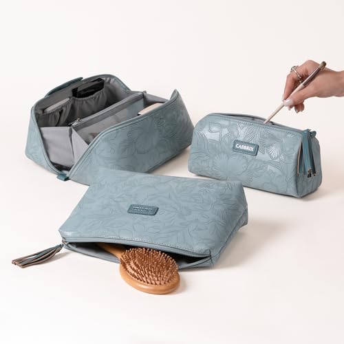 Cabbrix Travel Makeup Bag, Extra Large Capacity 3 Pcs Set Cosmetic Bag for Women, Waterproof PU Leather, Flat Open Portable Toiletry Bag for Skincare, Brushes & Travel Essentials (Blue) - color: Blue