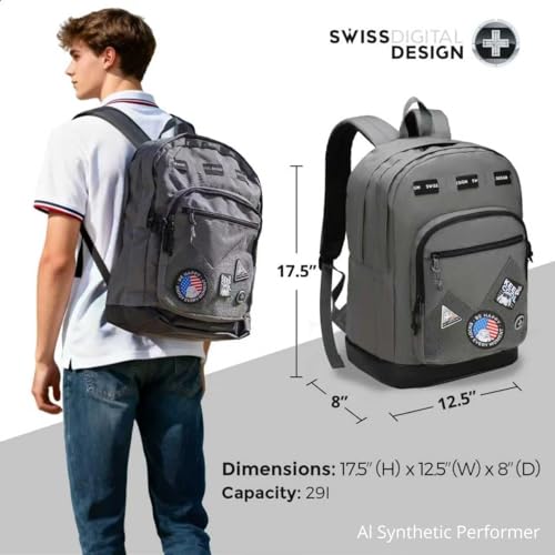 Swissdigital Design Big Student Laptop Backpack with Fun Personalized Patches For College Boys & Girls, Middle High School Teen Bookbag Cool Travel Daypack Grey- Includes 3 Patches | SD1718-03 - color: Dark Grey