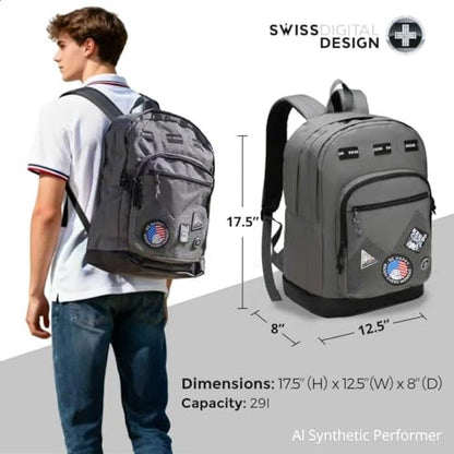 Swissdigital Design Big Student Laptop Backpack with Fun Personalized Patches For College Boys & Girls, Middle High School Teen Bookbag Cool Travel Daypack Grey- Includes 3 Patches | SD1718-03 - color: Dark Grey