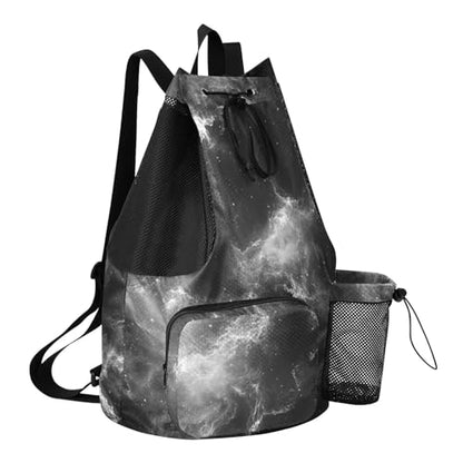 Drawstring Gym Swim Bag With Water Bottle Pocket Hiking Drawstring Backpack with Wet Dry Compartments Fog Black Mystery