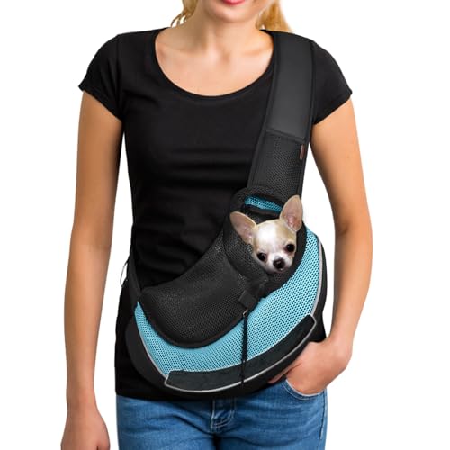 YUDODO Pet Sling Carrier for 2-5 lbs Small Dogs & Cats – Hands-Free Puppy Carrier with Safety Hook, Large Zipper Pocket, Soft Breathable Mesh, Adjustable Strap & Reflective Strip (Cyan 3.0 S) - color: Cyan 3.0 Max (Bottom Support), size: Small (2-4.5lbs)