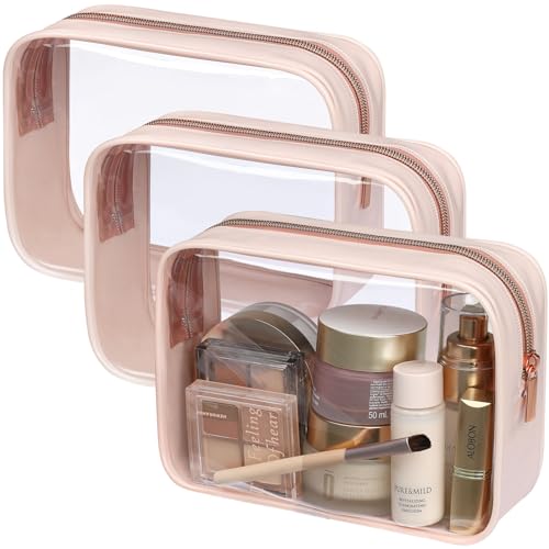 PACKISM TSA Approved Toiletry Bag - Clear Makeup Bag Waterproof Quart Size Bag, Travel Makeup Cosmetic Bag for Women, Carry on Airport Airline Compliant Bag, 3 Pack - color: Beauty Nude Pink 3 Pack, size: Medium Set (Standard)