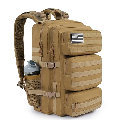 Military Tactical Backpack 50L Large Day Backpack for Men Molle Army 3 Days Assault Pack Bug Out Bag Water Resistant and Heavy Duty Hiking Treeking Rucksack - Brown - color: Brown, size: 50L