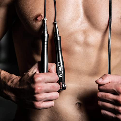 PrimaFIT Jump Rope Pro Speed Skipping Rope Adjustable Adult Jumping Rope Weighted Aluminium Handles for Double Dutch Boxing Workout Crossfit Exercise Fitness Spare Cable Weights Protectors Carry Bag - color: Black