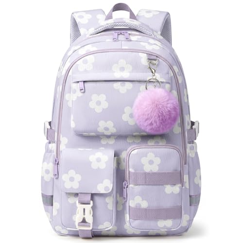 WOBAGMEN Cute Purple Floral Backpack for Teen Girls, Large Capacity Multi-Pocket School Bag Fits 15.6" Laptop, Lightweight Durable Daypack for School and Travel(Purple Floral, M) - color: Purple Floral