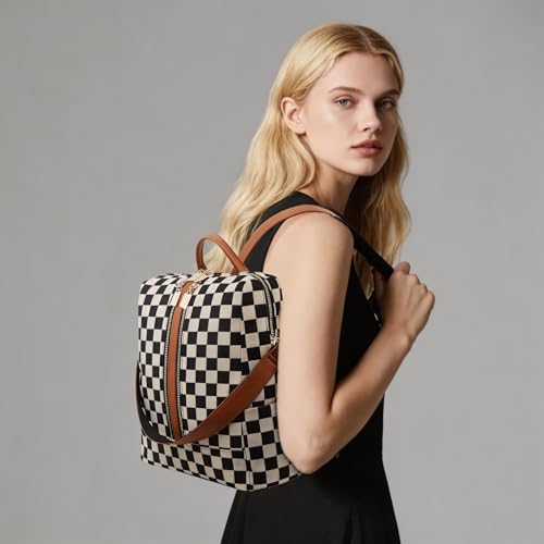 Women's Backpack with Wristlet Set, Large Capacity Tote Backpack for Women, Fashion Travel Backpack & Stylish Mommy Bag (Brown Chessboard) - color: Brown Chessboard