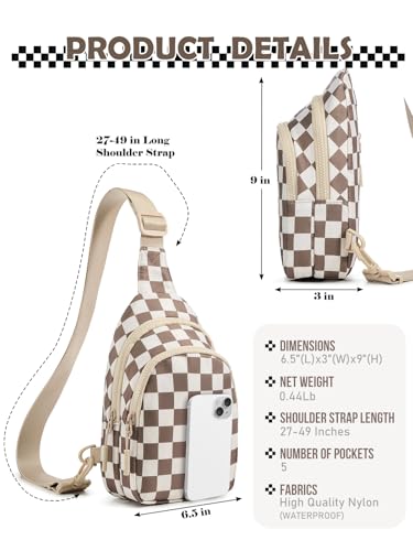 Checkered Sling Bag for Women Small Backpack Crossbody Chest Bag Fanny Packs Purses - color: Checkered Sling Bag - Khaki Beige