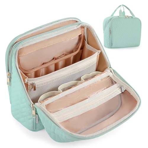 Standing Makeup Bag, Large Capacity with Room for Brushes and Mirror, Travel Makeup Organizer, Portable Stand Up Make Up Case, Waterproof Cosmetic Toiletry Bags with Handle, Color Sage Green - color: Sage Green