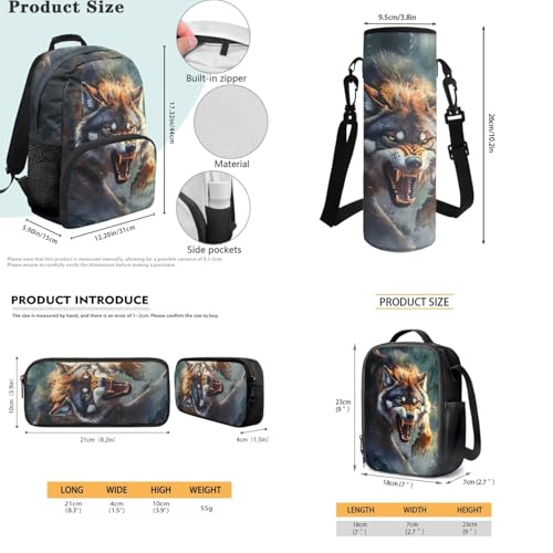 JEOCODY Cool Wolf Backpack Kids School Bag with Lunch Bag Pencil Case Water Bottle Holder Casual Boys Girls Daypack for Travel Hiking Satchel Bagpack 4 Piece Bookbag Purse Set - color: Cool Wolf Patterns
