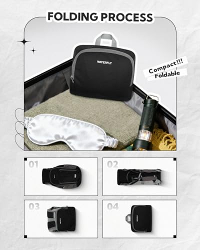 WATERFLY Lightweight Packable Backpack, 25L Small Foldable Travel Daypack | Multi-Pocket with Luggage Strap, Breathable Back Pad, Comfortable to wear, Easy to Fold, Compact Day Pack for Hiking Outdoor - color: Black