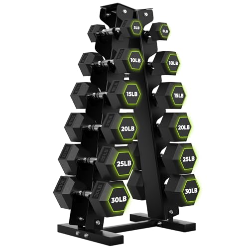 HANDBODE Rubber Coated Hex Dumbbell Set with A-Frame Rack, 100 lb - 600 lb Multiple Options Weight, Hexagon Non-Rolling Shape, Ergonomic Knurled Handle, Home Gym Equipment for Strength Training - style: 210 lb Set (Pair of 5, 10, 15, 20, 25, 30 lb) & Rack