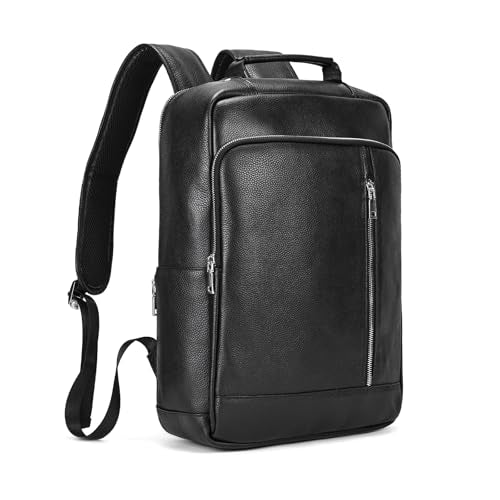 Genuine Leather 15.6 Inch Laptop Backpack for Men, Multi Pocket Slim Daypack Shoulder Bag with Trolley Sleeve for Business Travel (Black) - color: Y80&28y Black