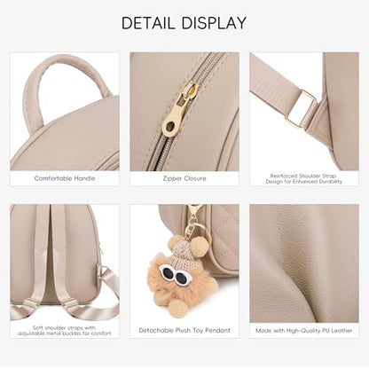 BAGOK Mini Leather Backpack Purse for Women, Small Backpack Purse with Cartoon Charm, Cute Fashion Bag for Girls - color: A-beige