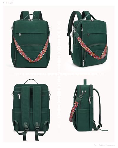 SYTRAH Leather Laptop Backpack, 15.6 Inch Business Computer Bag, Designer College Backpack Travel Backpack with Colorful Shoulder Bag Strap Green - color: Green