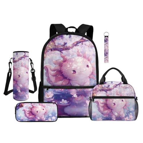 ZDCUSTOM Pink Axolotl Backpacks with Lunchbox for Girls Cute School Backpack Pink Bookbag with Pencil Case, Water Bottle Sleeves, Keychain, Back to School Supplies for Girls Age 6-8 - color: Pink Axolotl
