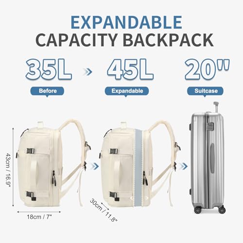 35L Travel Backpack 17" Laptop Backpack W/USB-C Port, Expandable Carry-On Bag, TSA Flight Approved Water-Resistant for Business College, White - color: White