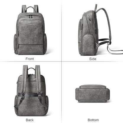 Leather Backpack for Women Men, Fits 16.0 Inch Laptop, Soft Vegan Leather Backpack for Travel and Daily Use, Grey - color: Grey