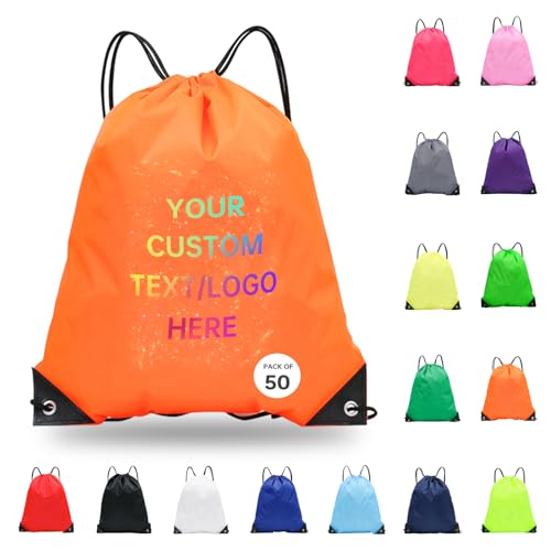 JEOHLORY pack of 50 Custom Bags With Your Logo,Drawstring Backpacks Bulk String Bag,Great for Travelling, Gym and for Everyday Use (Custom Orange) - color: Custom Orange
