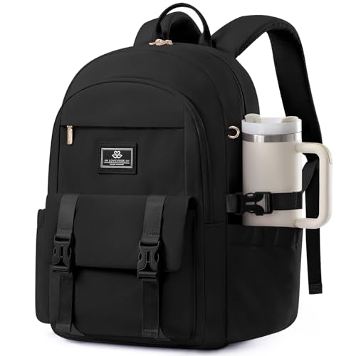 LOVEVOOK School Backpack for Teen Girls Boys,Bookbag for Middle High Student with Pouch Pocket for Large Bottle, Preppy College Bookbag, Waterproof Travel Daypack with 15.6 inch Laptop Compartment - color: Black, size: Medium-15.6" with Side Straps