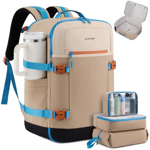 LOVEVOOK 50L Travel Backpack for Women & Men, Airline Approved Carry On Backpack with 3 Packing Cubes, TSA Personal Item Bag, Waterproof Weekender Overnight Backpack Fits 17" Laptop - color: Light Khaki - Khaki - Black, size: X-Large-50L-4Pcs