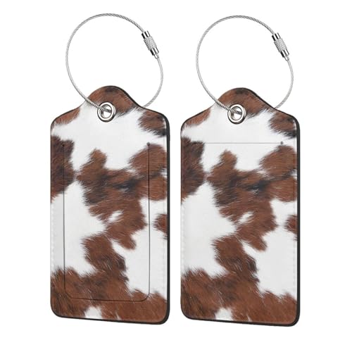 2P Cow Hide Brown Leopard Luggage Tags Privacy Cover ID Label with Stainless Steel Loop and Address Card for Travel Bag Suitcase Funny Cute Man Women Kids - color: Cow Print